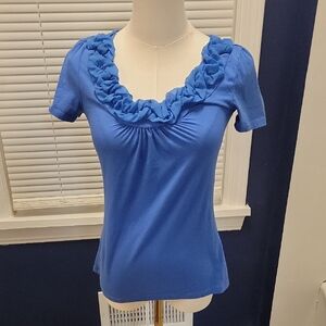 LOFT Short Sleeve Top with Ruffled Neckline in Blue